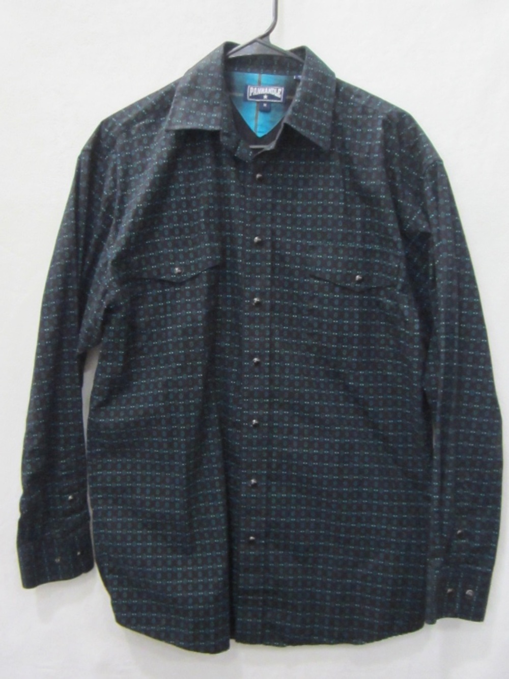 Panhandle Pearl Snap Men's Western Long Sleeve Med Black/Teal Cotton Dress Shirt